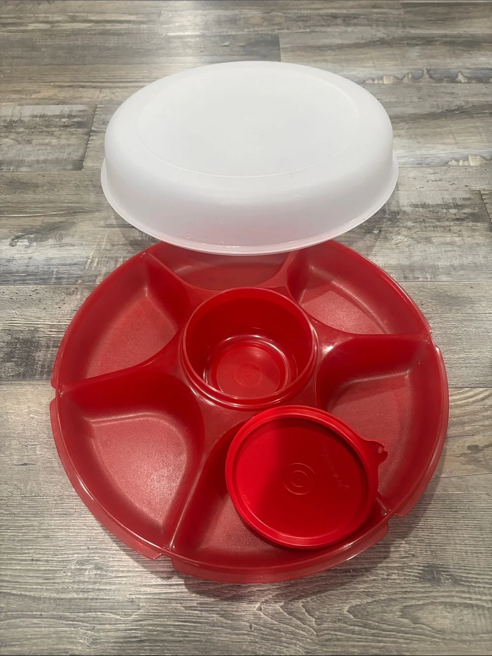 Tupperware Red Divided Serving Tray with Center Dip Container and Lid